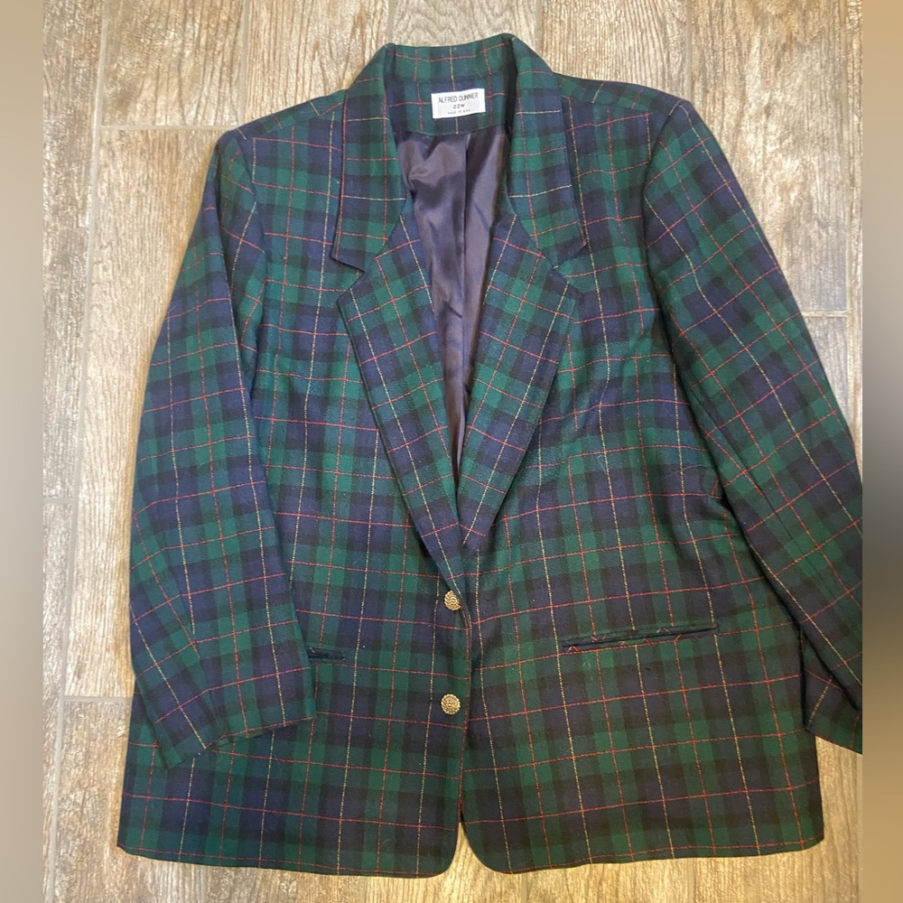 Alfred Dunner Green Navy Plaid Two-Button Blazer